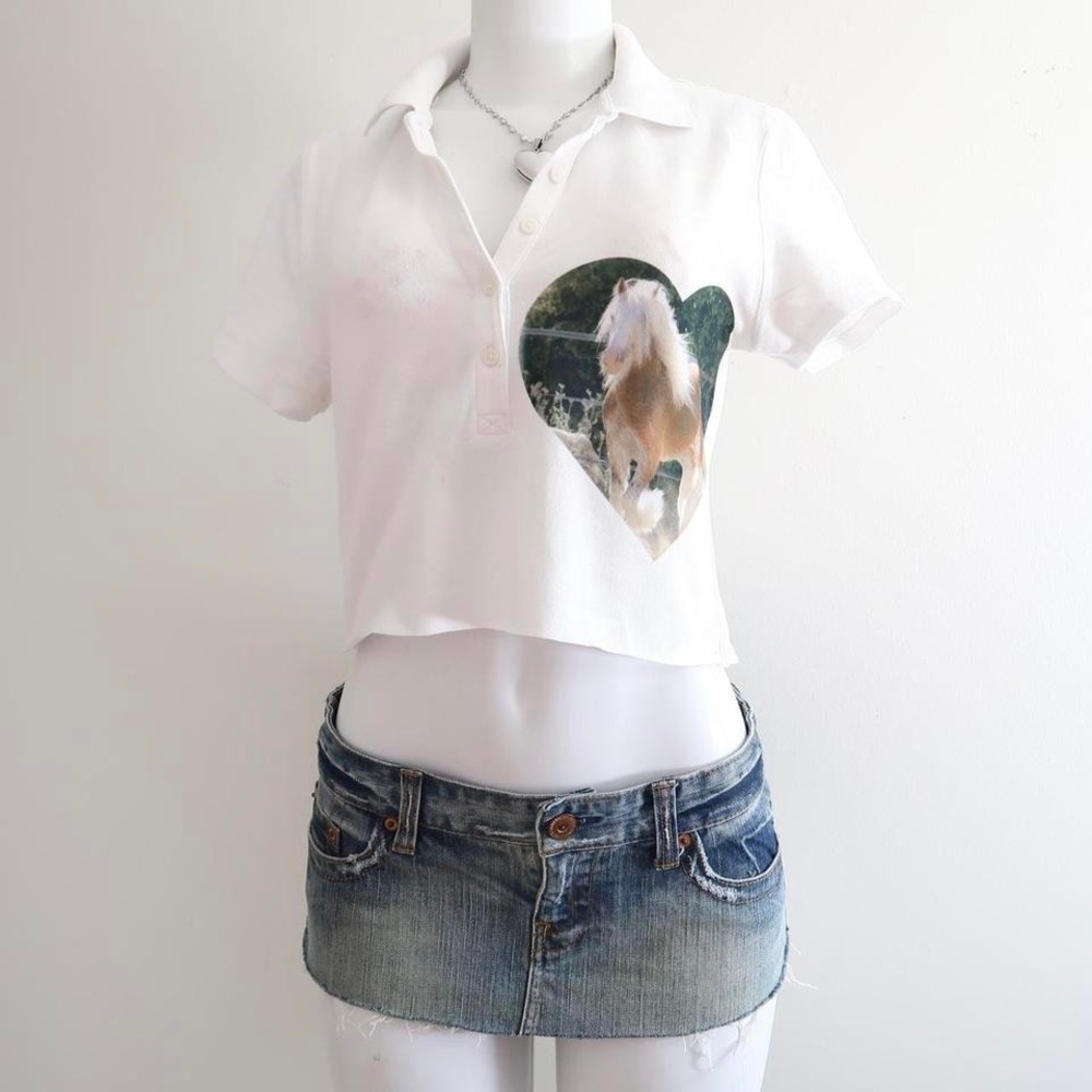 y2k horse graphic cropped polo white preppy top size S